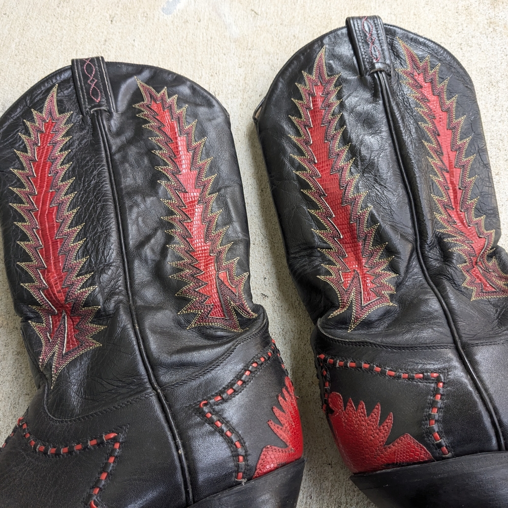 Tony Lama Cowboy Boots Red Black Lizard Leather Men 8.5 D - Picture 3 of 15